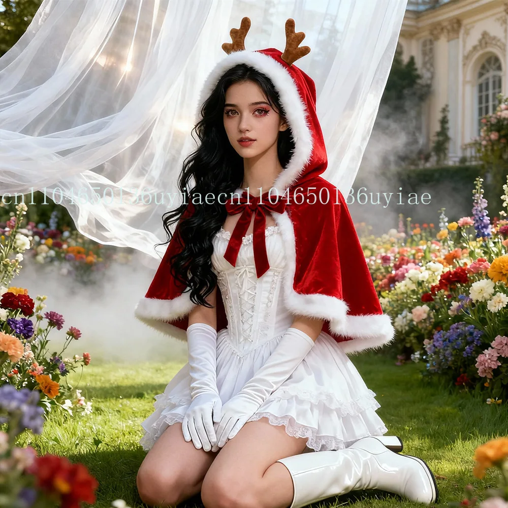 

Christmas Antlers Velvet Cloak Christmas Hooded Cape Women New Year Fancy Red Shawl Xmas Party Stage Performance Opera Cape