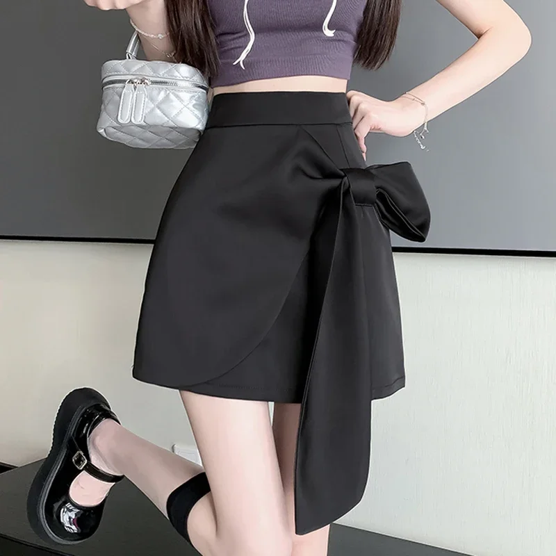 

New Fashion Bow High Waist Mini Skirts Women Summer Asymmetrical Package Hip Skirt Ladies Elegant Satin Short Skirts Gray/Black