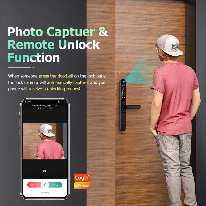 Smart Lock with Camera Door Viewer Waterproof IP66 Tuya WiFi Fingerprint Password Sliding RFID Card Sliding Electronic Door Lock