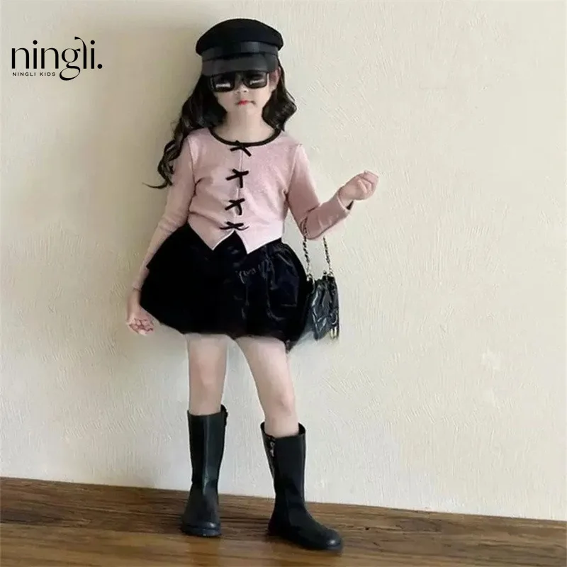 

Girl T-shirt Autumn New 2024 Pink Bow Tops Velvet Solid Skirt Casual Simple Fashion Sweet Korean Active Vintage Princess Cute