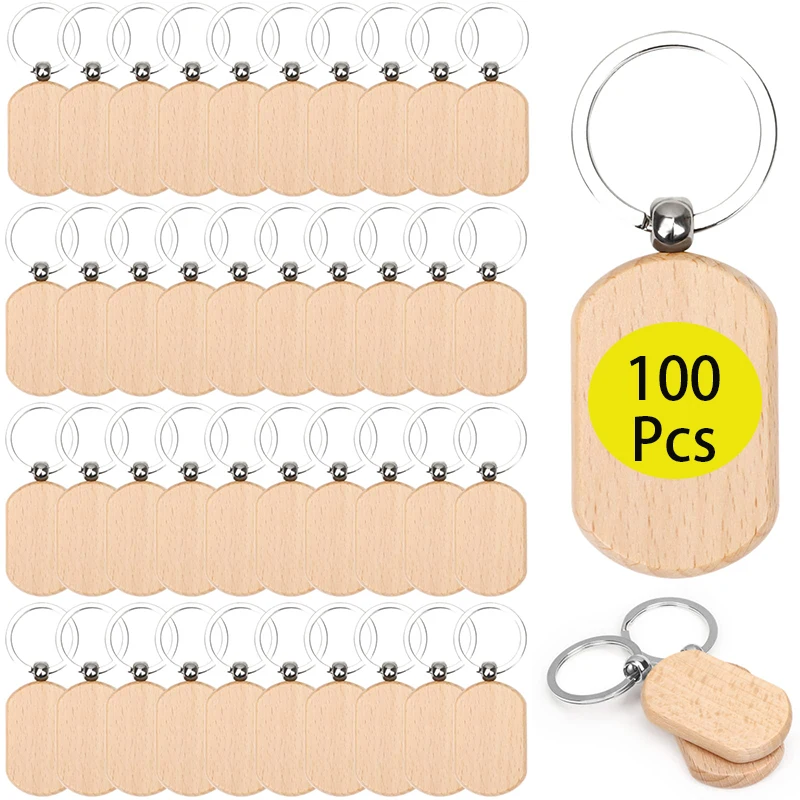 

100Pcs Blank Wooden Key Tag Key Chain Rectangle Wood