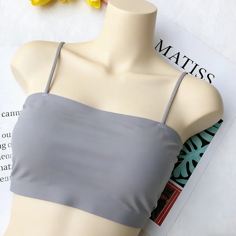 Women Ice Silk Seamless Thin Strap Tube Top Wireless Padded Crop Camisole Soft Comfort Daily Invisible Under Bralette