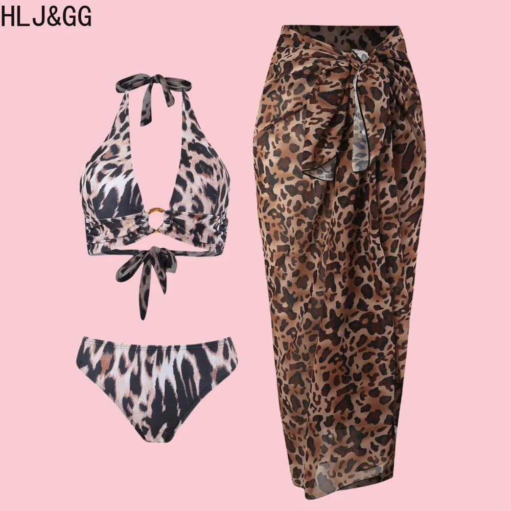 

HLJ Sexy Leopard Print Skinny Skirts 3 Piece Sets Women Halter Deep V Bandage Crop Top And Skirts Bikini Suits Fashion Beachwear