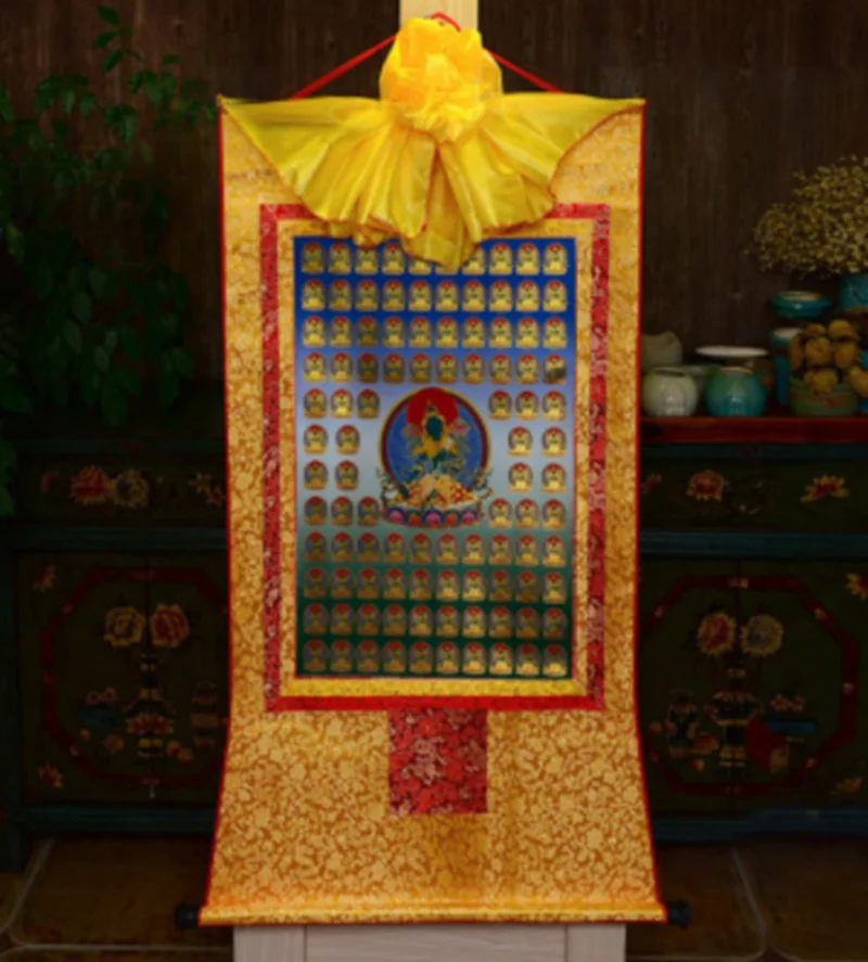 

Buddhism Print Silk Gild Thangka Thanka, Green Tara Hundred Buddha 35cm