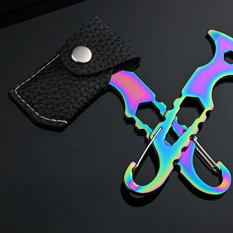 Outdoor zelfverdediging sleutelhanger bijl multifunctionele zes in één mes bijl roestvrij staal Unboxing EDC-tool