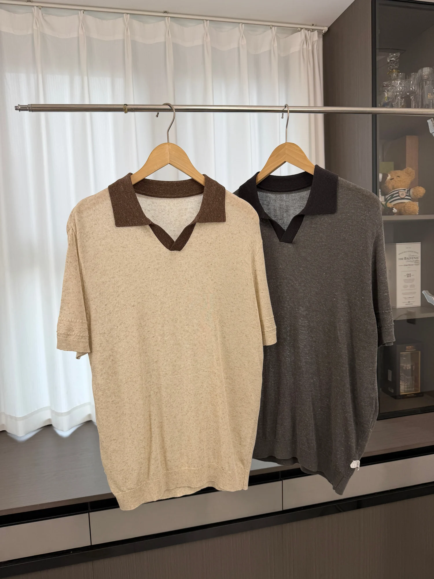 

Recommended! Lenzing Linen Blend! Summer Thin Color Block V-Neck Casual Knitted Shirt for Men Breathable Fashion City Style