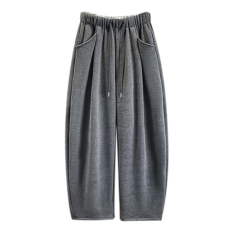 Pantaloni di lana grigi da donna in autunno e inverno 2025 Nuovo stile con pantaloni a gamba larga in peluche Pantaloni piccoli con coltello curvo drappeggiato casual