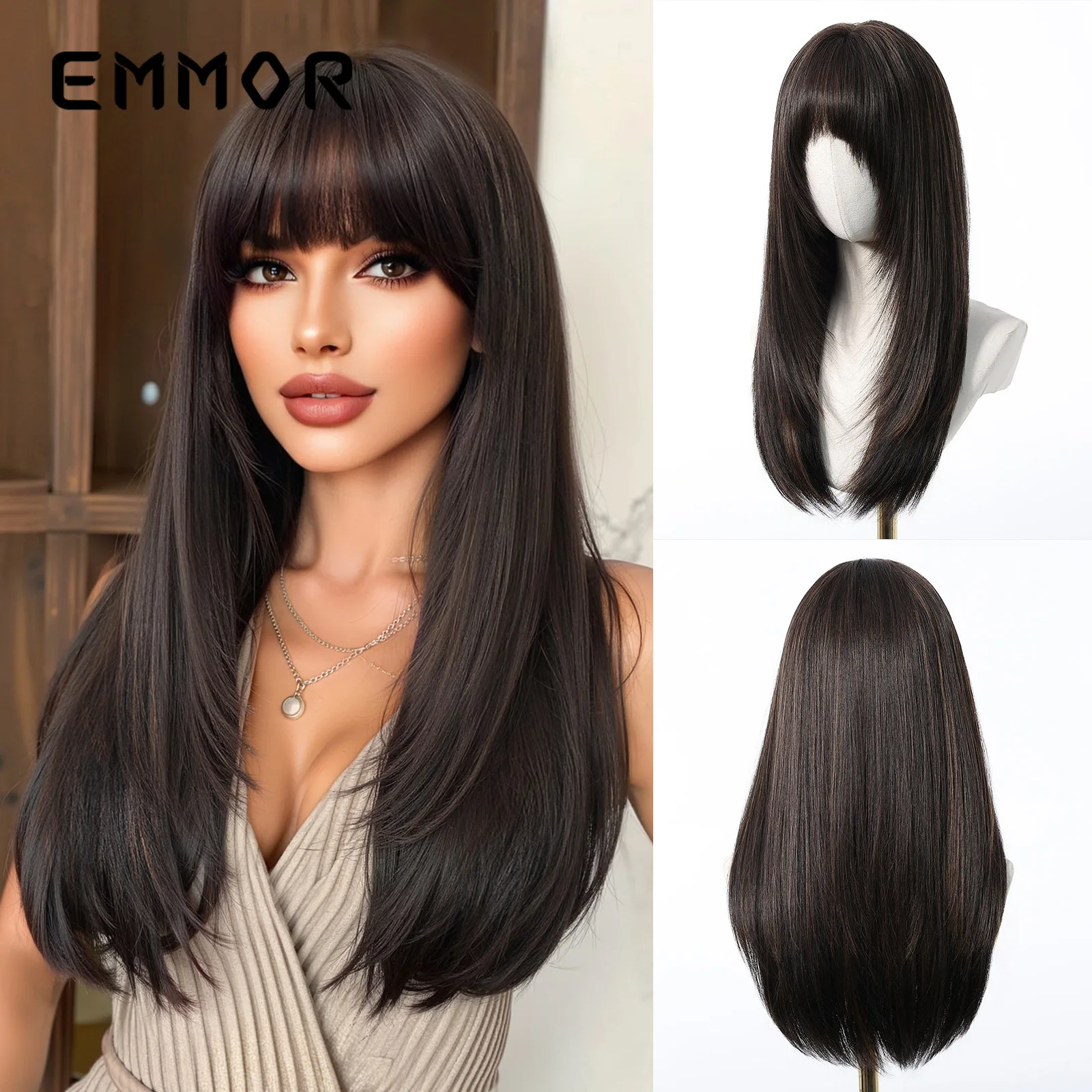 Brown Highlights Layered Medium Long Straight Wig with Bangs Fashion Easy Styling Full Wig