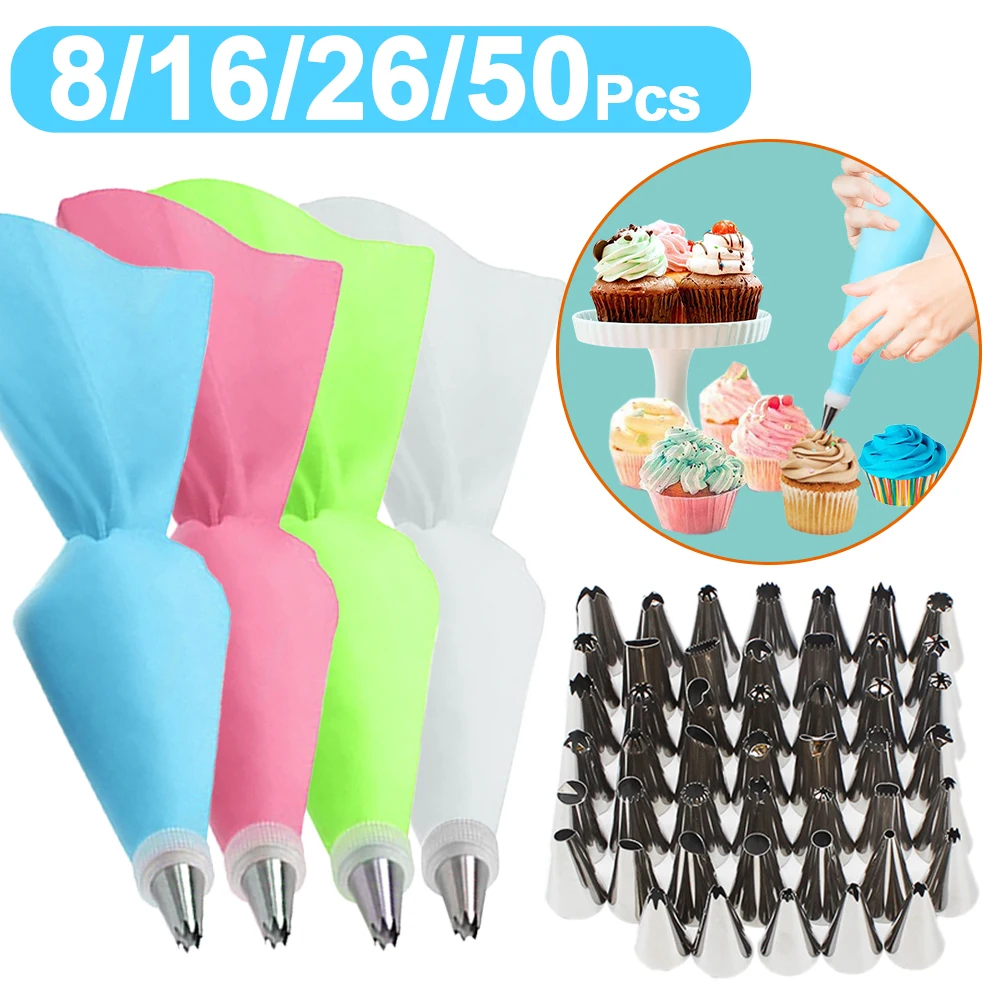 

8/16/26 Silicone Pastry Bag Tips Kitchen DIY Cake Icing Piping Cream Decorate Tool Reusable Pastry Bag+Stainless Nozzle