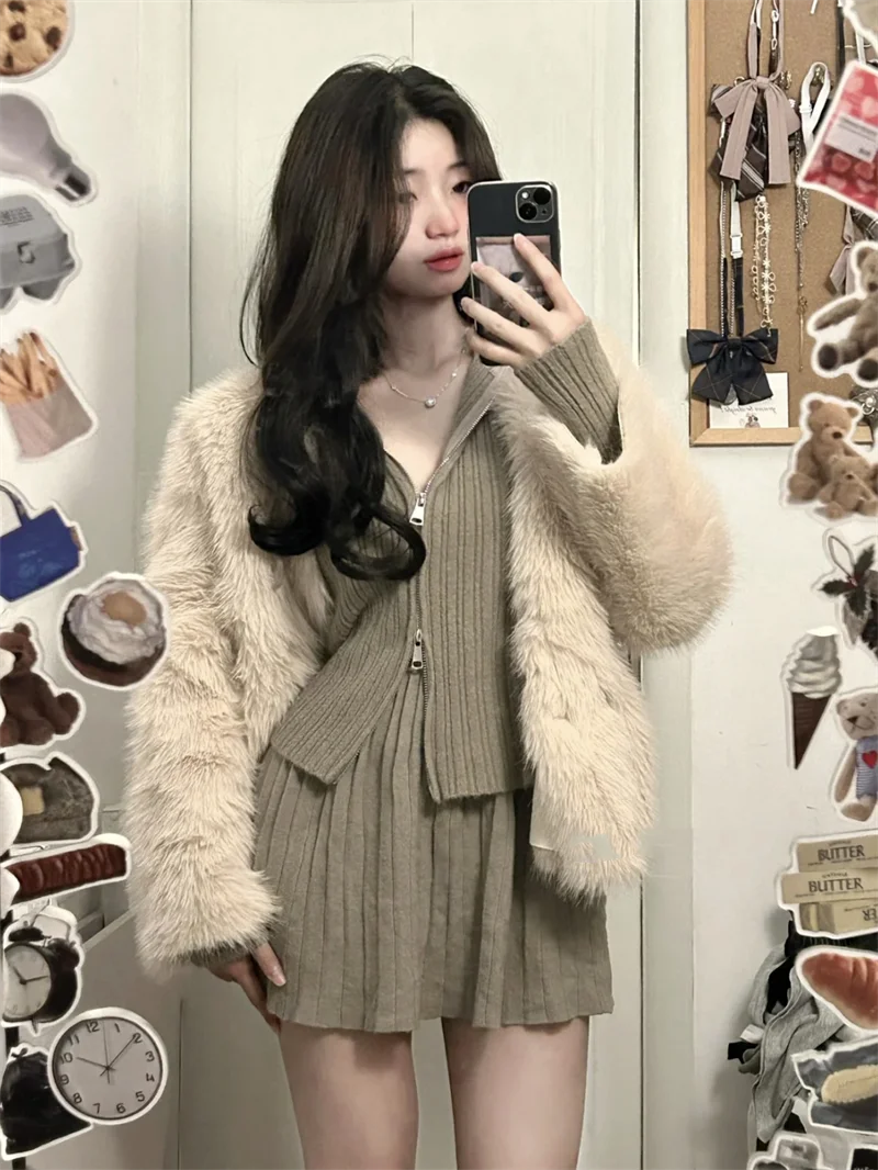 Hoodie Korean Fashion Two Piece Set Women Solid Sweet Vintage Mini Skirt Suit Female Knitted Tops + Causal Pleated Skirt 2023