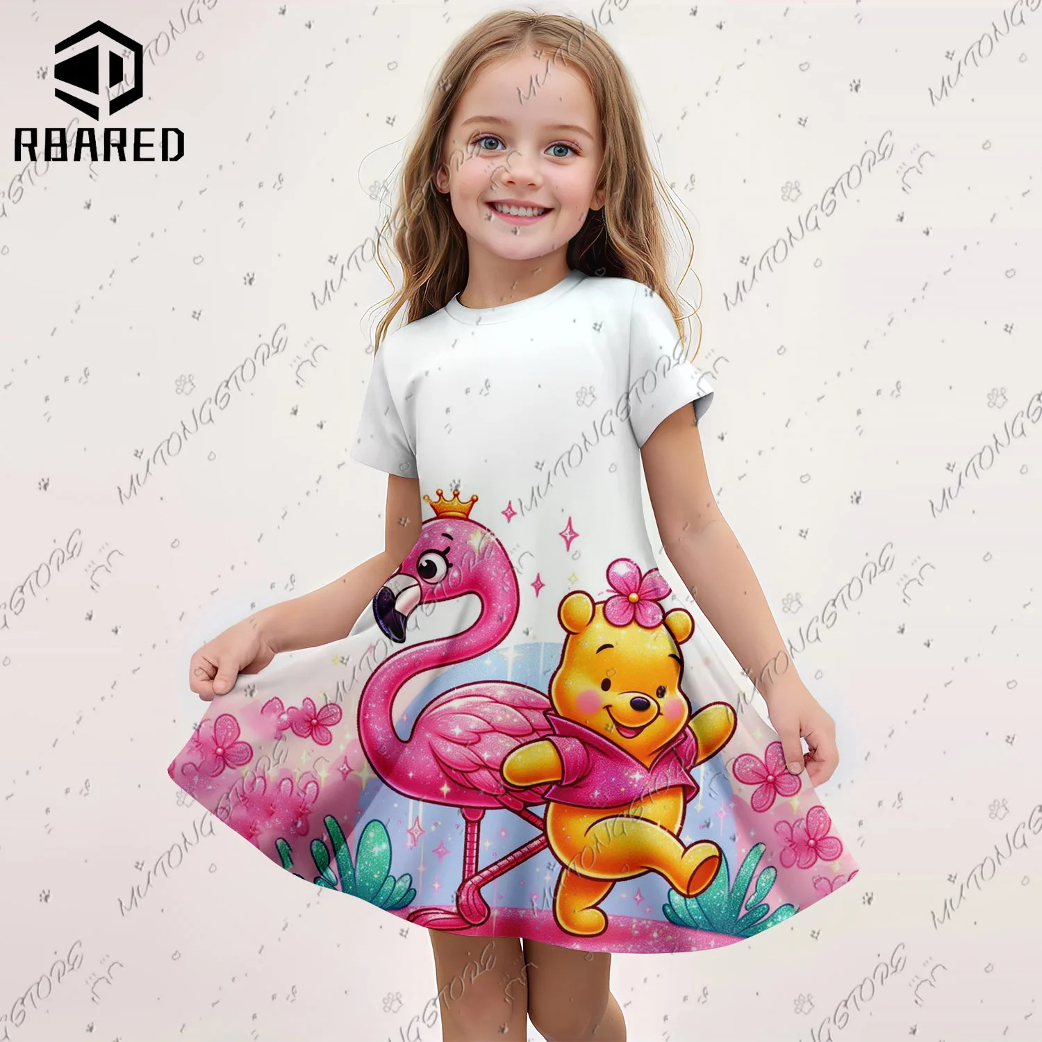 2024 New Summer Girls Short Sleeve Kids Dress Cute Winnie the Pooh 3D Print Skirt Children\'s Casual Cosplay Costume Nightgown