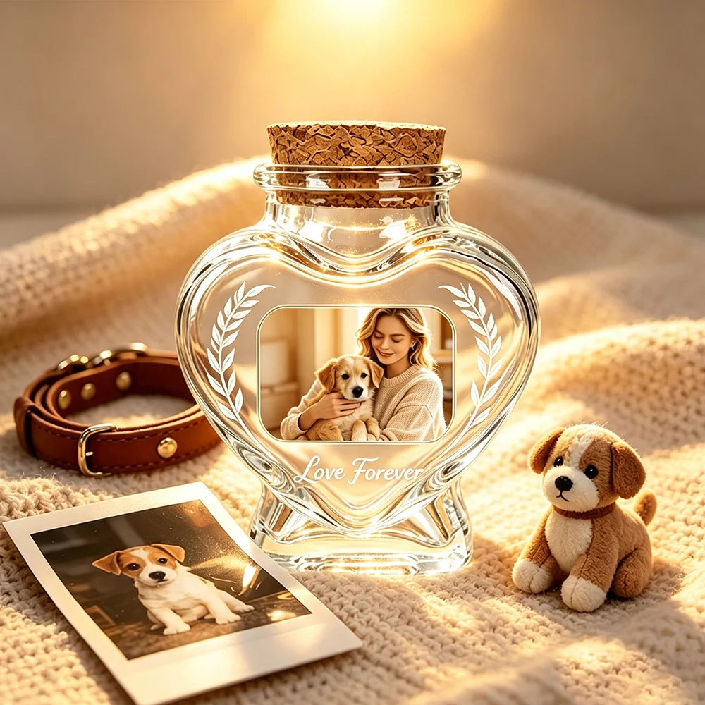 Personalized Pet Memorial Glass Jar Custom Pet Photo Keepsake Bottle for Dog Cat Hair Pet Loss Storage Box Gift for Pet Owners