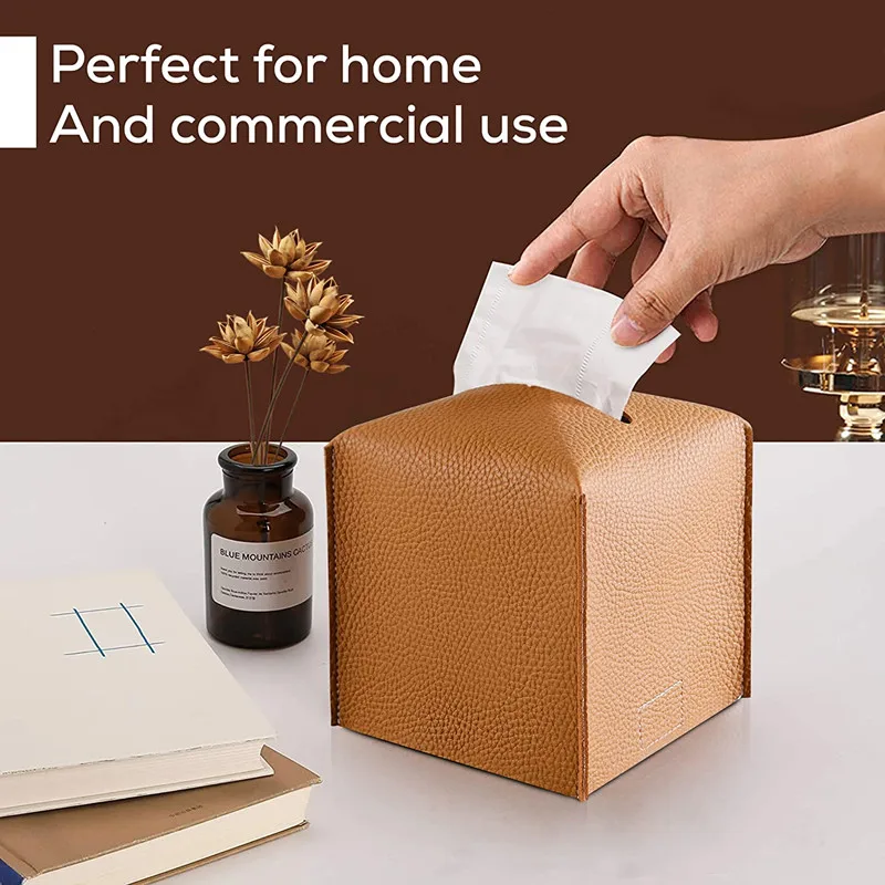 Modern PU Leather Square Tissue Box Holder - Decorative Holder/Organizer for Bathroom Vanity, Night Stands,Office Desk & Car