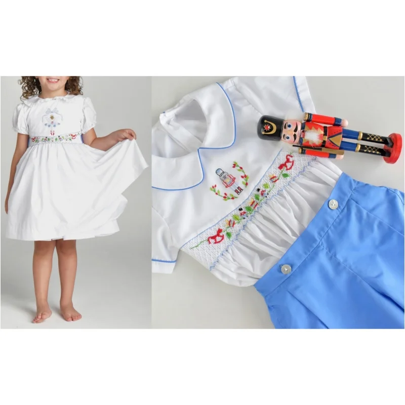 Kids White Vintage Hand Smocked Nutcracker Embroidery Girl Dress Boy Outfit Suit for Christmas New Year Holiday Photography A441