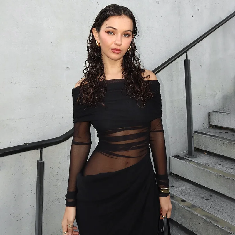 가을 긴팔 Y2K 메쉬 시스루 드레스 여성용 오프숄더 펜슬 드레스 우아한 여성용 이브닝 파티 의상