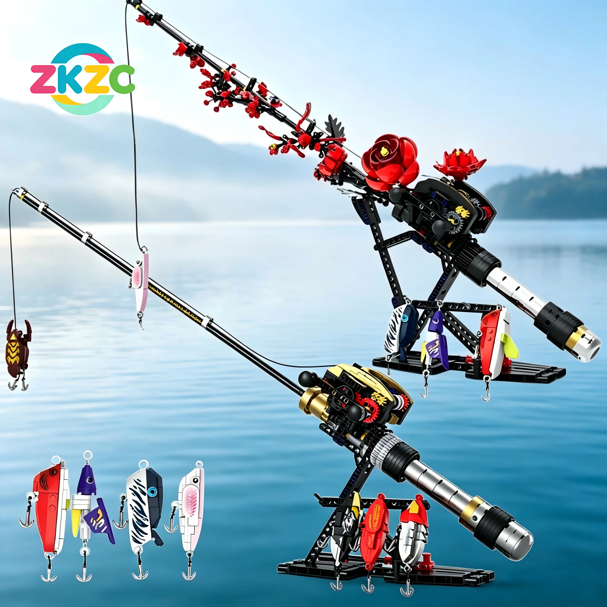 Fishing Rod Building Blocks Simulated Sea Fishing With Reel Set DIY Kit Creative Construction Toys for Fishing Fans Gift