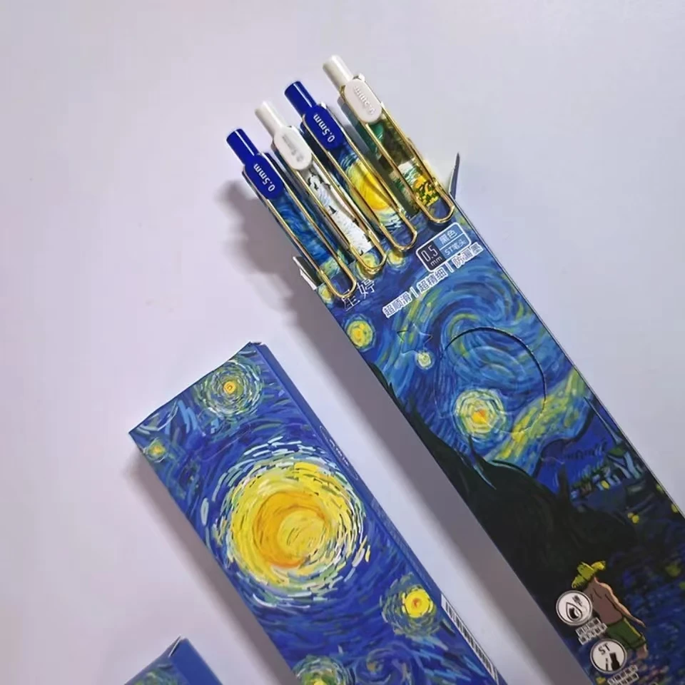 

4Pcs/Box Trendy Van Gogh Oil Painting Press Gel Pen Black Ink ST 0.5mm Ballpoint Pens Stationery Quick-Drying Pens Student