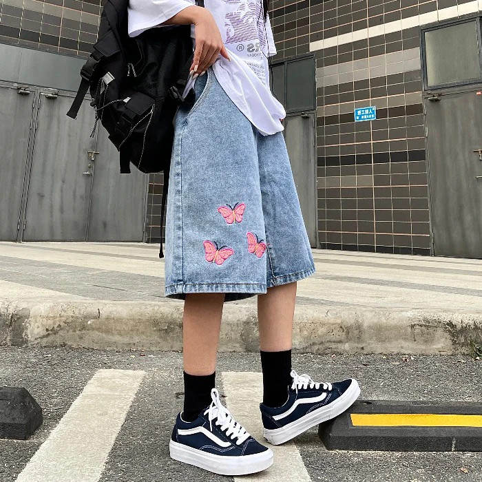 

Summer Embroidery Loose Men's Denim orts Straight Leg Vintage Versatile Trendy Cotton Thin Jeans Casual mid Waist...