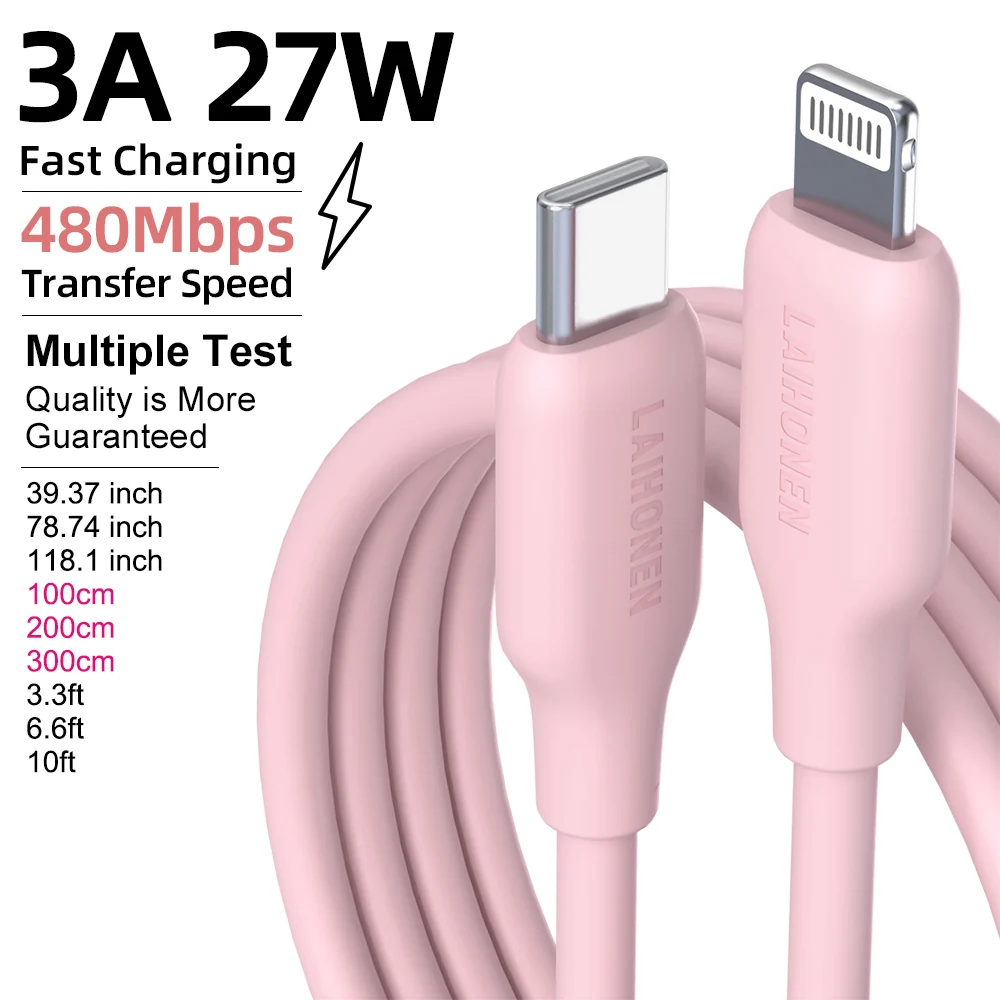 LAIHONEN USB C to Lightning Cable MFi Certified 27W Fast Charging Silicone 480Mbps Data Cable 1M 2M 3M for iPhone iPad