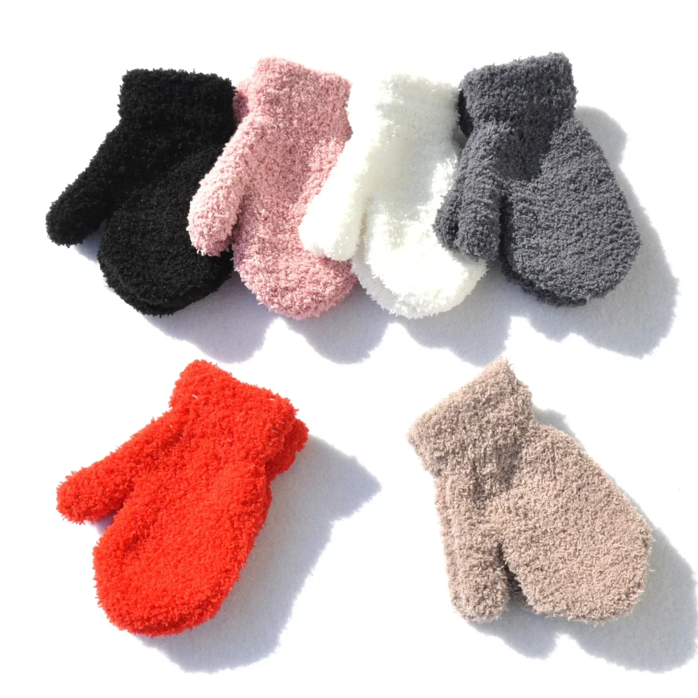 Baby Short Gloves Winter Coral Fleece Children Solid Knitted Plush Furry Full Finger Mittens Autumn Hand Warmer 1-4 Years Old