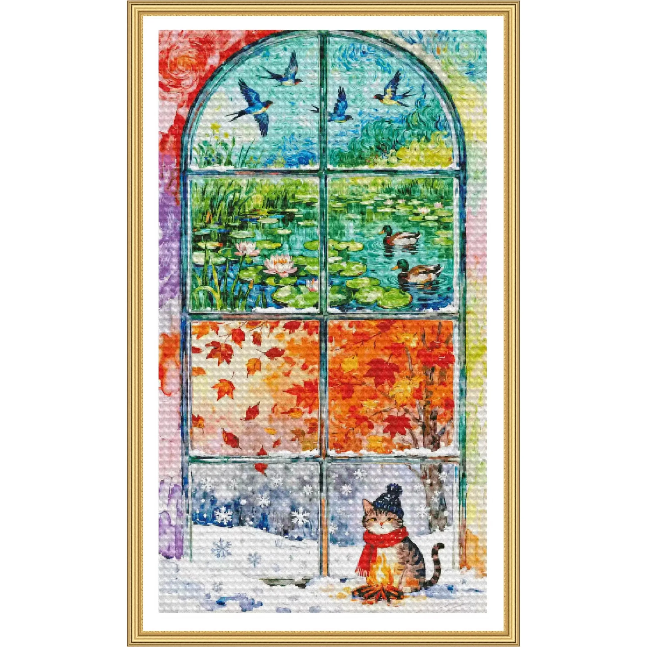 

ZZ8090- Window Reflecting Four Seasons 18CT 14CT 16CT Print Canvas Cross Stitch DIY Set Kit Needlework Embroidery 153 Colors