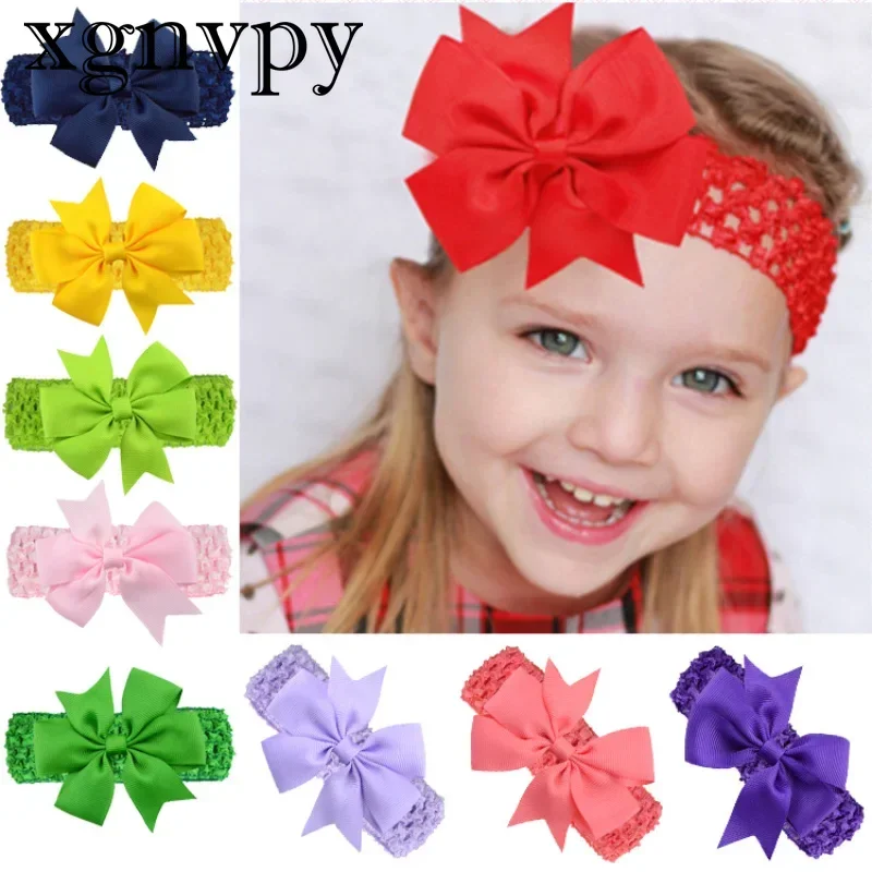 Xgnvpy  3PCS Handmade Dovetail Grosgrain Ribbon Bows Infant Headband Solid Color Crochet Elastic Hair Bands Baby Girl Headwear