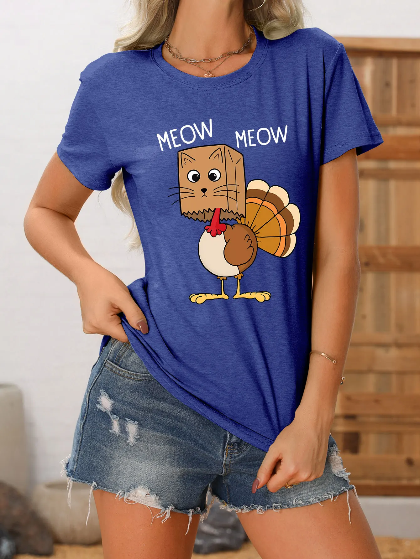 Summer round neck meow meow cat bag chicken print T-shirt new women\'s casual short-sleeved top with loose fashion pullover