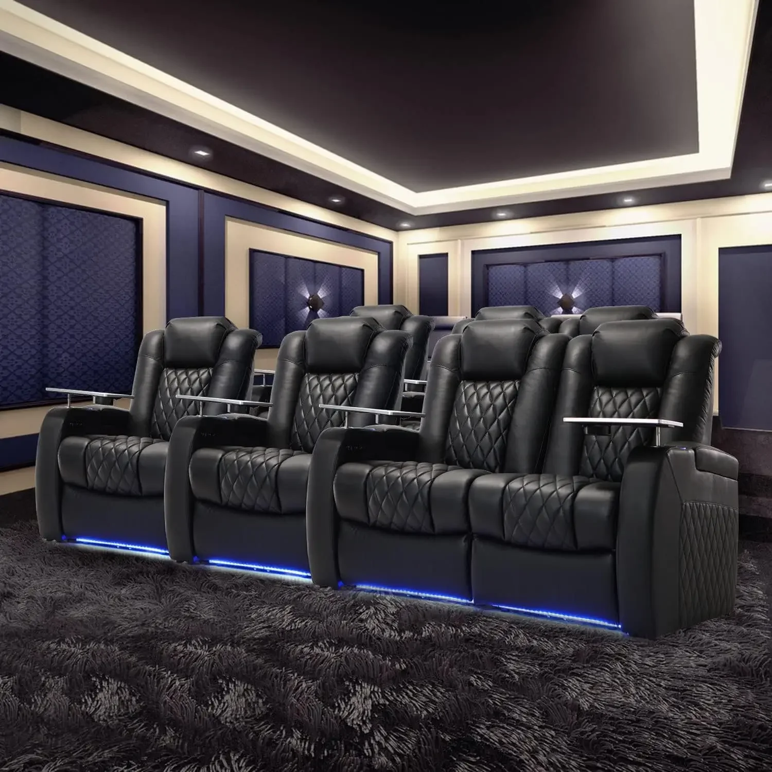 Top Grain Leather Home Theater Recliner Chair Power Headrest Movie Gaming Seats Tray Table Type-C USB Charge Cup for School Use