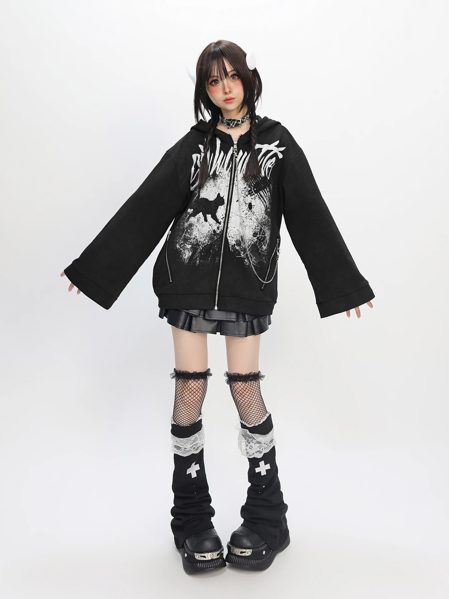 Original Japanese Style Sweet Cool Girl Y2K Hoodies Tops Loose Hooded Sweet Cool Zipper Fleeced Sweatshirts Jacket Women Autumn