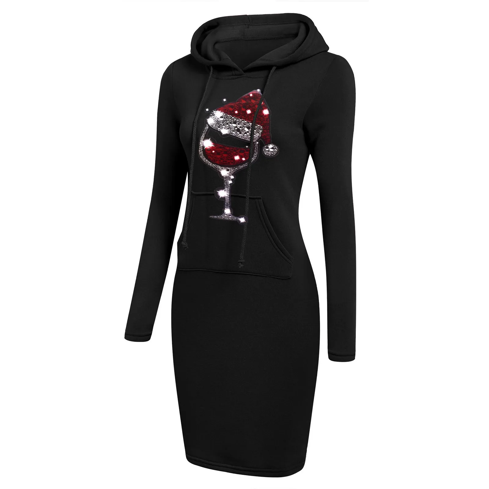 Slim Fit Christmas Red Wine Glass Print Hooded Sweatershirts Dress Women Long Sleeve Drawstring Lightweight Pocket Midi Dresses