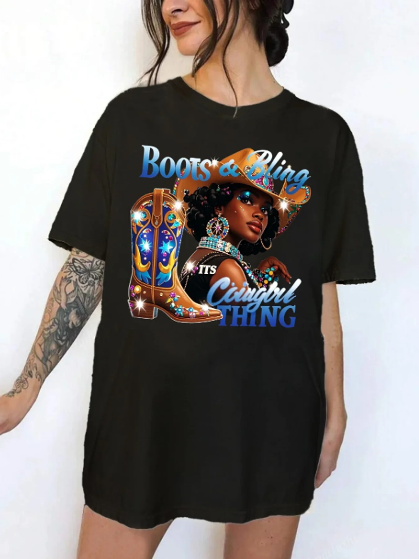 

Cowboy hat and boots Plus size women's round neck short sleeve T-shirt with elastic half sleeves and trendy prints