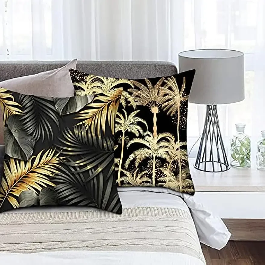 

45X45cm Cushion Cover Black and Gold Coconut Tree Palm Leaf Short Plush Pillow Cover for Sofa and Bedroom