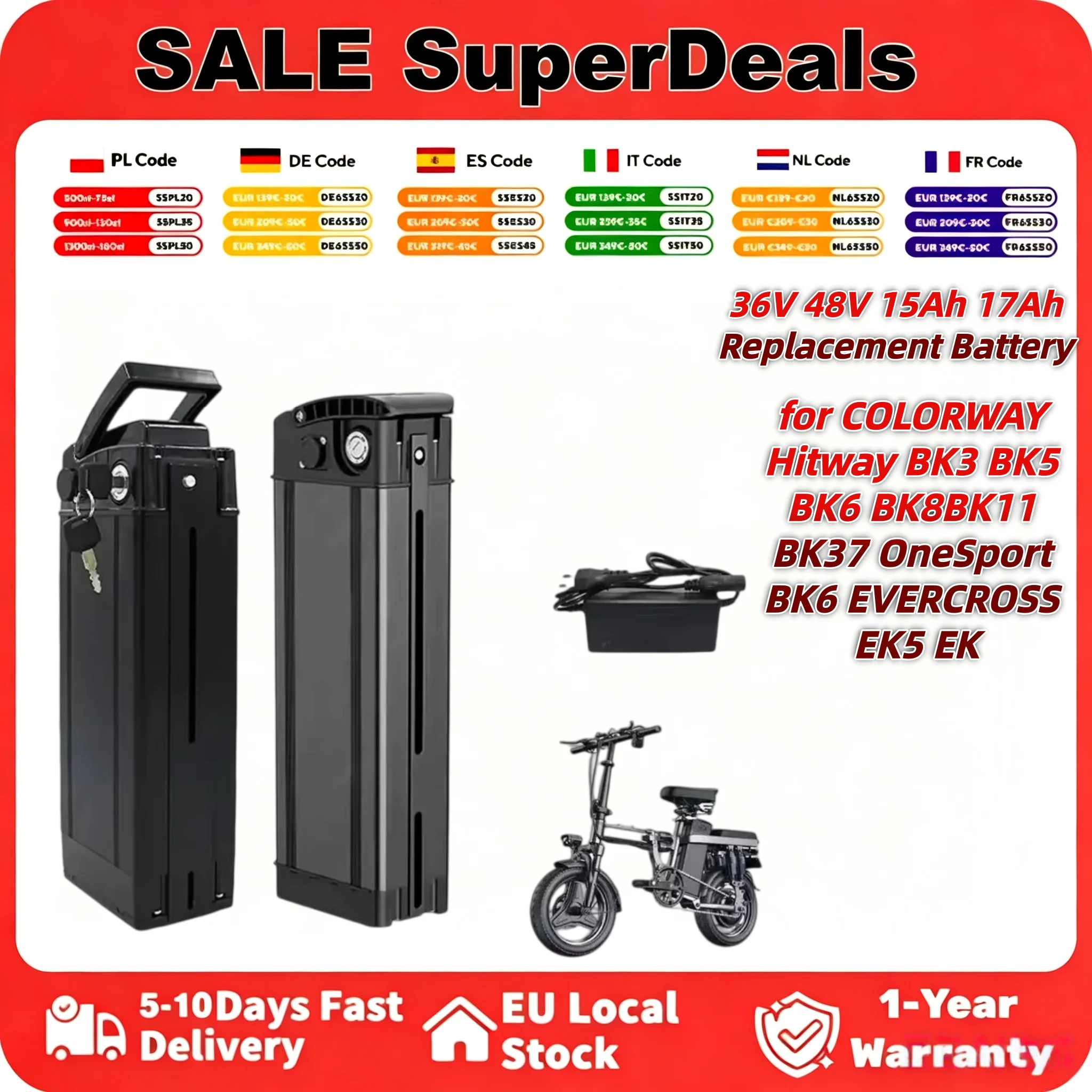 Batteria al litio Silver Fish 36V/48V 15Ah 17AH, batteria di ricambio per COLORWAY Hitway BK3S BK5 BK5S BK6 BK6S BK8 BK8S BK11 BK31 BK37 e per biciclette elettriche pieghevoli OneSport BK6 EVERCROSS