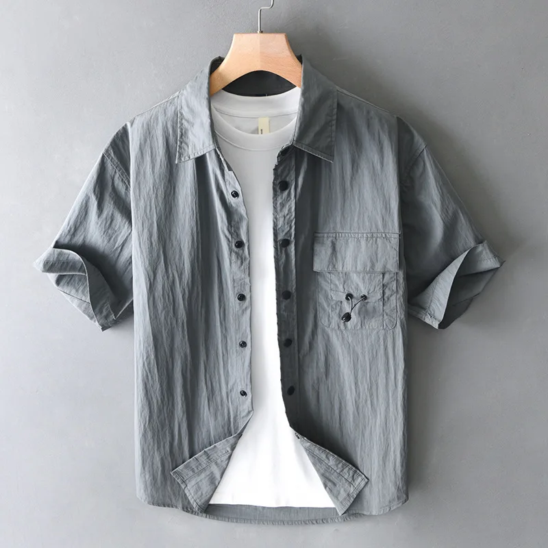 2025 Men's summer new Japanese retro comfortable versatile casual simple lapel design solid color loose short sleeved shirt