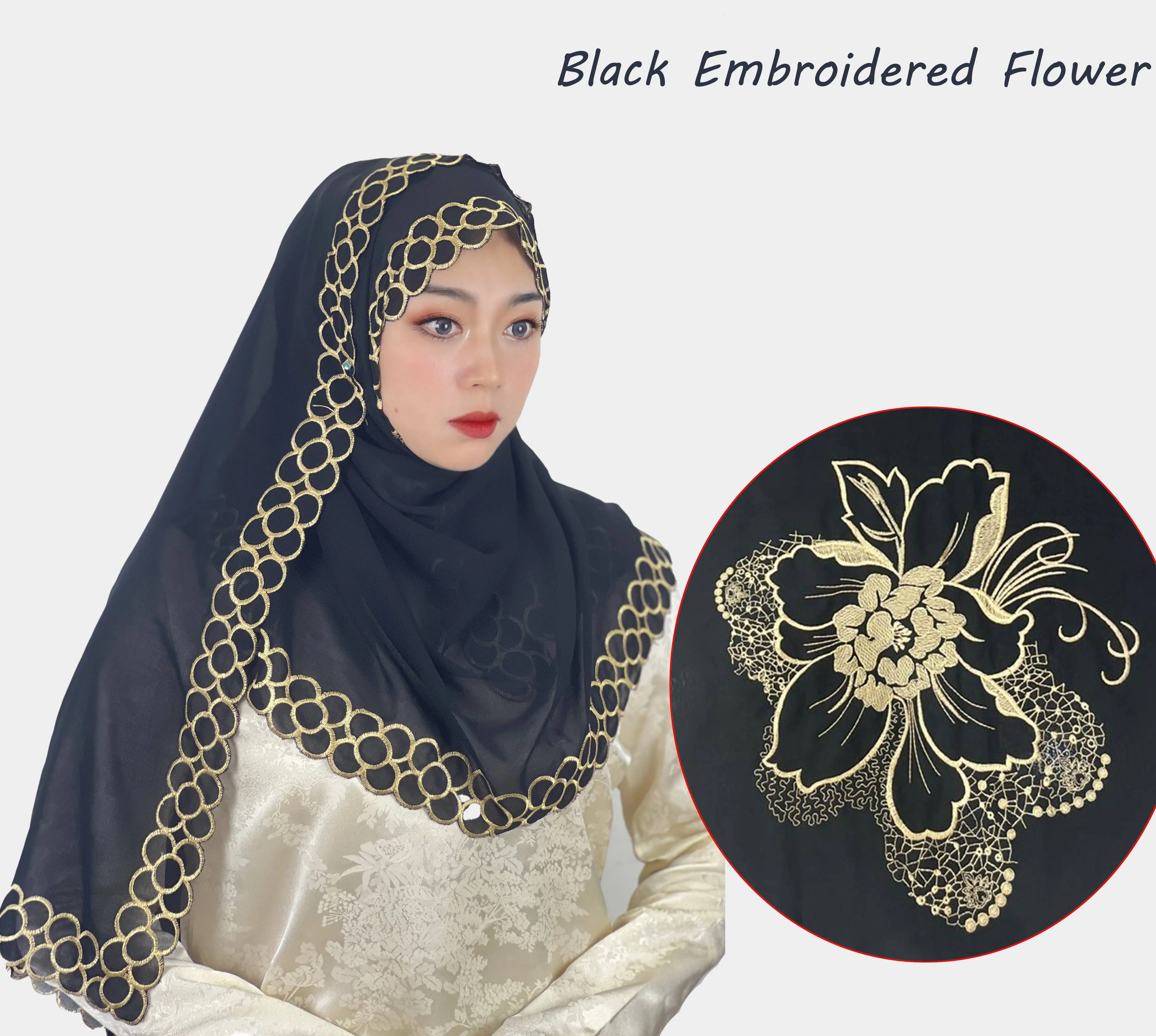 

New Soft & Comfortable Solid Color Pullover Head Scarf Spring and Autumn Black Embroidered Scarf Women Elegant Temperament Warm