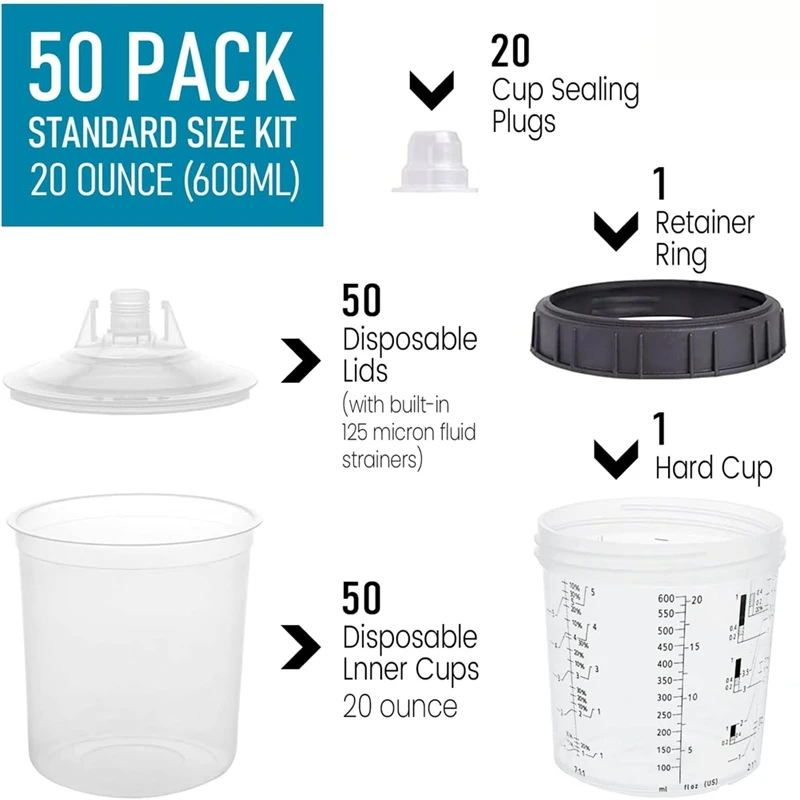 كوب خلط بخاخ الطلاء، نظام 1.0 (ليست 2.0)-50 قطعة طقم 20 أونصة - 50 بطانة كوب، 50 غطاء مع مصفاة، كوب صلب واحد، 20 قابسًا