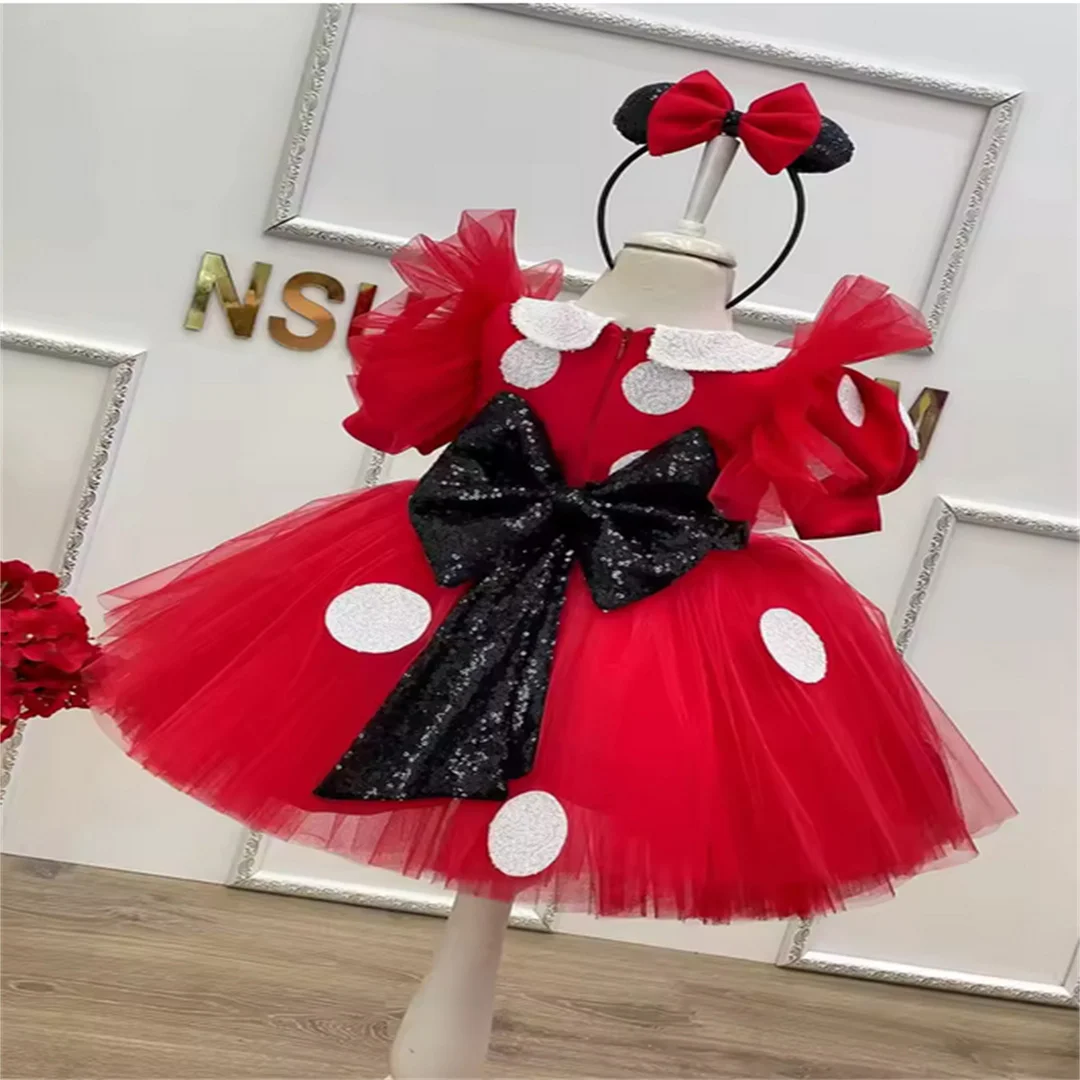 Princess Cute Flower Girl Dress For Wedding Red  With Big Gold Sequin Bow Wedding Dress Kids Ball Gown First Communion Wear