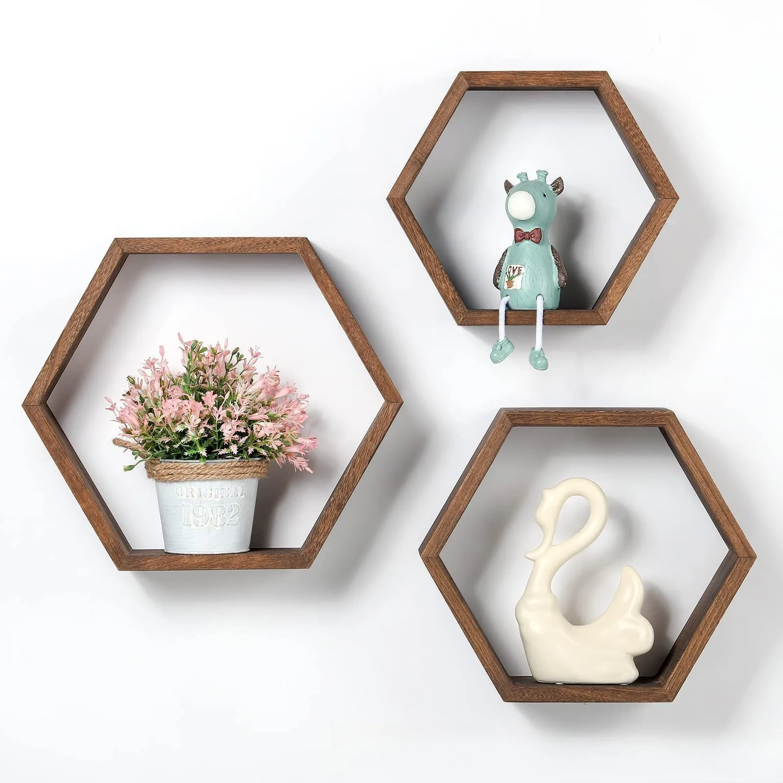 3 PCS Hexagonal Floating Wall Shelf Wooden Wall Mount Storage Rack Home Decor Organizer for Bedroom Bathroom Living Room Gift