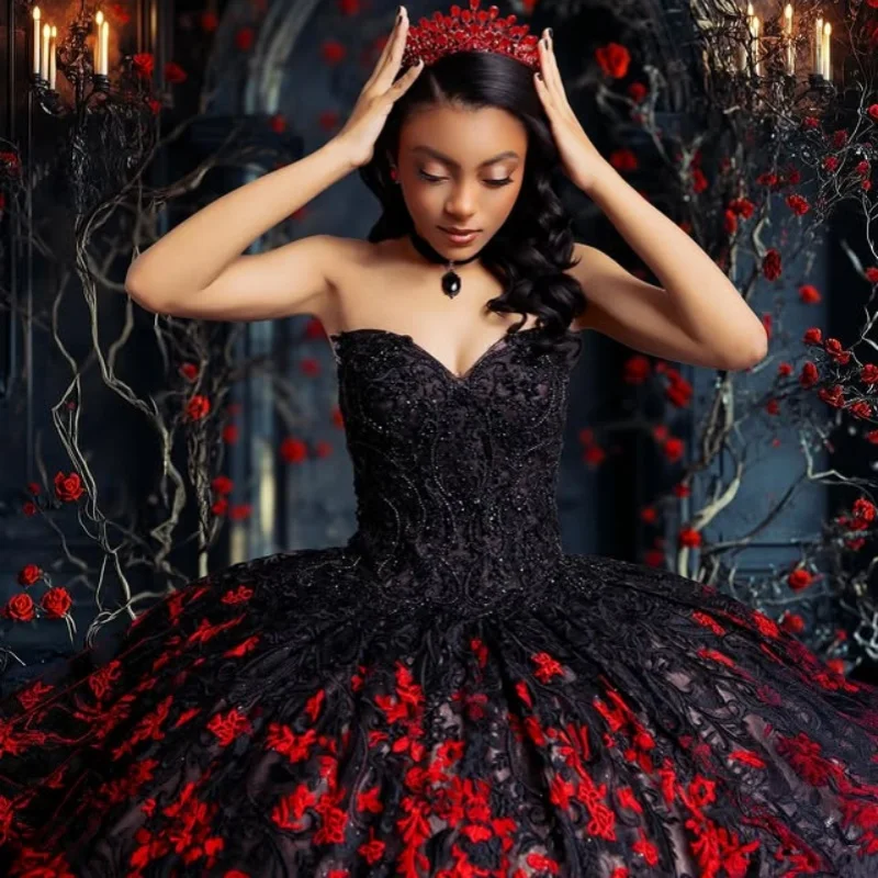 

Black Quinceanera Dress off-shoulder Sequin crystal flower decal Long tail vestidos de 15 Quinceanera ﻿Customize