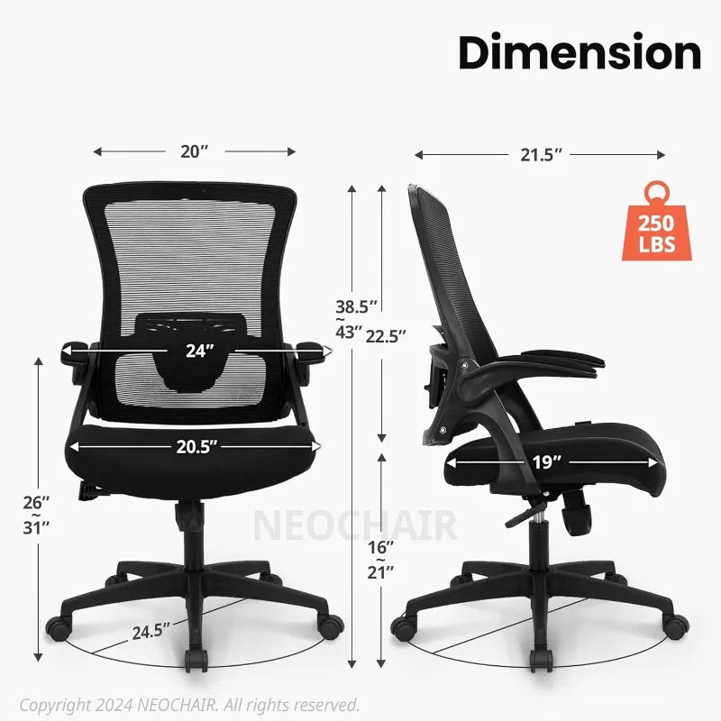 High Back Mesh Chair Adjustable Height and Ergonomic Design Executive Lumbar Support Padded Flip-up Armrest Swivel Chair (Black)