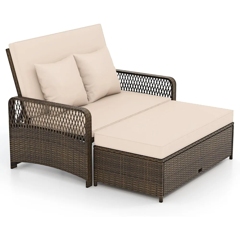 Patio Adjustable Wicker Daybed, Rattan Loveseat & Storage Ottoman w/ 4-Level Backrest & Soft Cushions, Space-Saving 2-Person