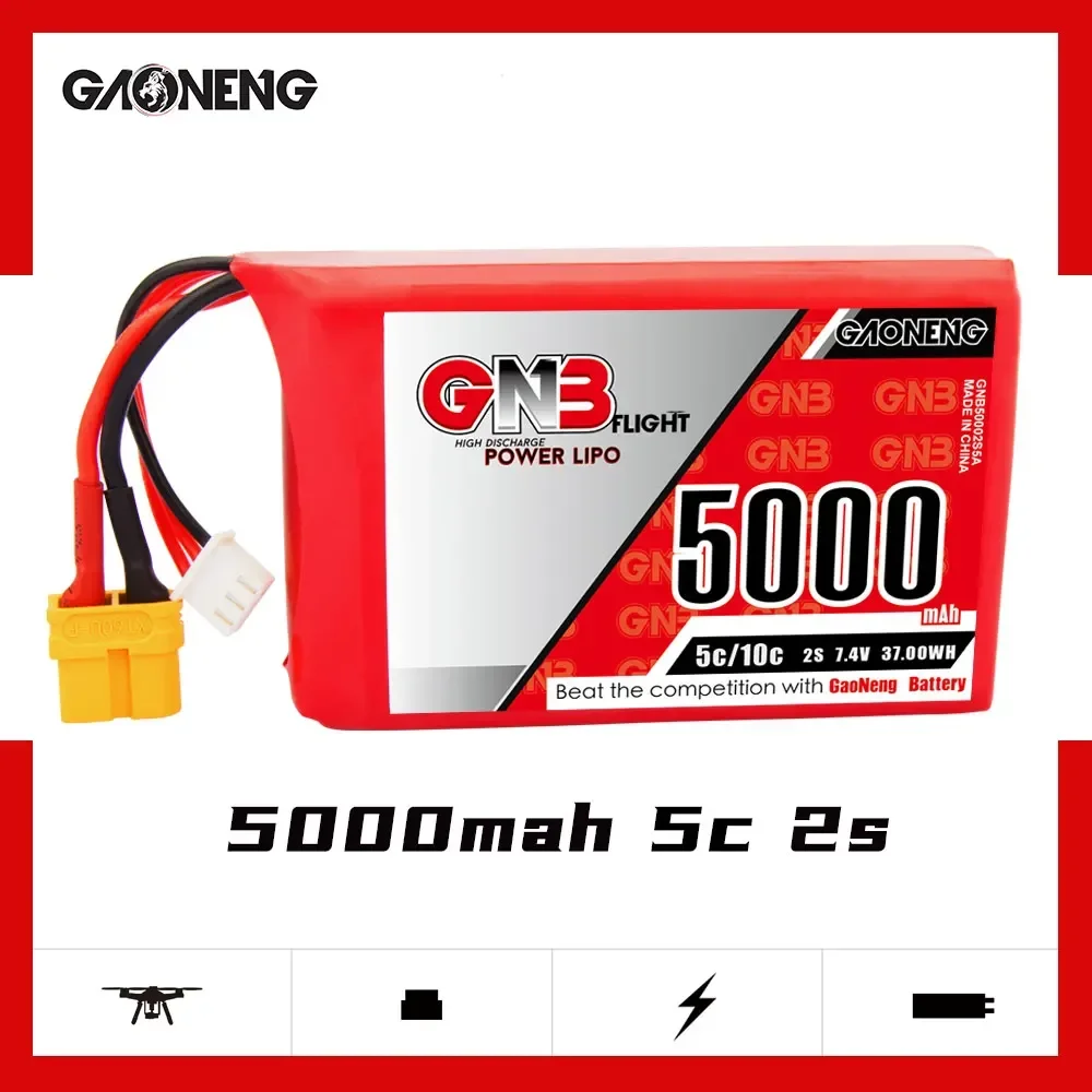 GNB 7.4V 5000mAh 2 s1p 5C/10C bateria Lipo z wtyczką XT60 dla Radiomaster TX16S nadajnik zdalnego sterowania części do zdalnego sterowania