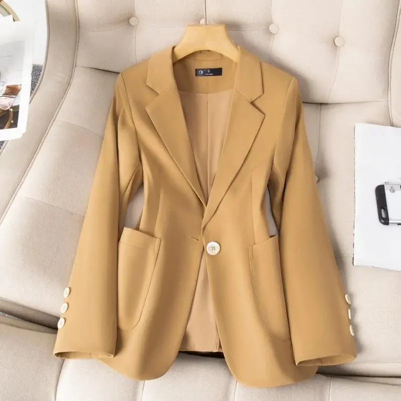 Women Blazer 2023 New Yellow Khaki Blue Black Long Sleeve Single Button Suit Ladies Work Wear Jacket Coat Female Outerwear 4XL