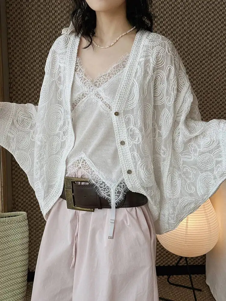 

Embroidery Women White Big Size Elegant Blouse New V-neck Long Sleeve Shirt Fashion Spring Autumn 2026 DUN4