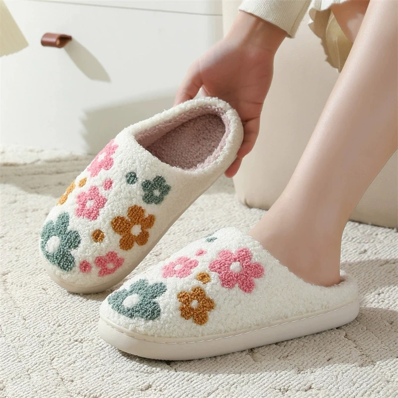 

Winter Sweet Flower Print Indoor Slippers Women Closed Toe Flat Heel Cotton Slippers Woman Anti Slip Living Room Shoes Mujer