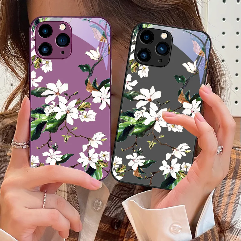 Chinese Orchid Blossom for iPhone 15 Pro 14 13 12 Mini 11 XS Max XR 7 8 Plu SE 2020 2022 Black Tempered Glass phone case