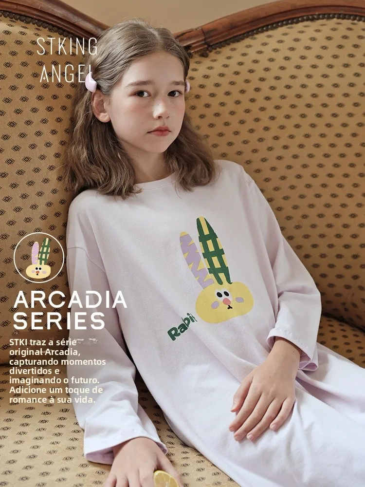long-sleeve-long-dress-nightgown-for-girls-children's-home-clothes-spring-summer-comfortable-cotton-blend-anti-bacterial-mois
