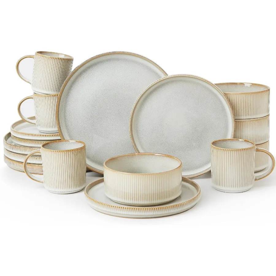 

Star Dinnerware Set with Mugs Service for 4 16pcs Ribbed Stoneware Plates and Bowls for Dining Kitchen Outdoor Picnic and Every