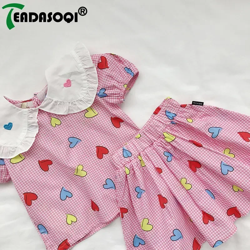 

2-8Y Kids Girls Summer Clothes Suit 아동복 Baby Collar Plaid Love Prints Top T-shirts+skirts Children Princess Clothing 2Pcs Set