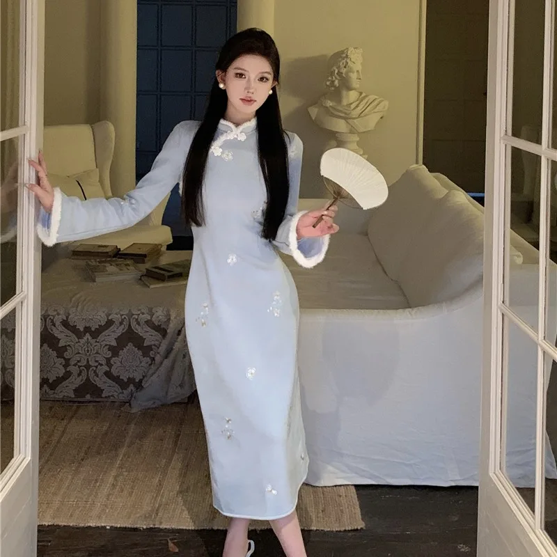 Thiened Floing nuevo chino Sle Dr mujer Otoño Invierno nuevo bordado Retro mejorado falda acampanada de cintura alta